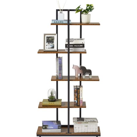 Bibliothèque, Étagère de Rangement au Sol, à 5 Niveaux en Quinconce, Présentoir, Unité de Stockage Ouverte, pour Salon, Chambre à Coucher, Bureau, 74 x 28 x 145 cm, Marron (1/5)