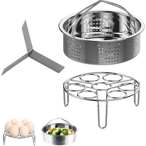 Juego de tres accesorios para olla a presión, que incluye cesta vaporera de acero inoxidable, cesta vaporera para huevos y rejilla vaporera. (1/5)