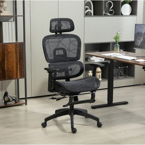 Silla de oficina 66x64x114-122 cm negra de poliéster con reposapiés, función reclinable y soporte lumbar (1/3)