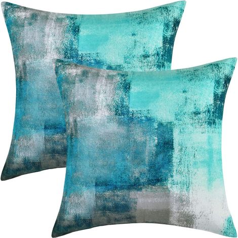 Housse De Coussin Décorative - 18 x 18 Pouces - Polyester Pêche - Gris Et Turquoise - Pour Canapé, Lit, Salon - Lot De 2