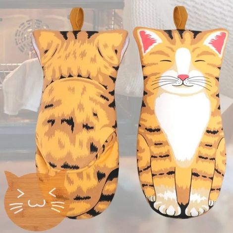 1 paire de gants de cuisine en forme de chat mignon avec tapis isolant gratuit pour chat, doublure en coton, gants de cuisine (1/5)