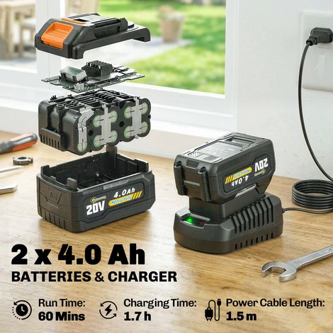 Débroussailleuse sans fil 2 en 1. Coupe-bordures 18 V avec deux batteries 4 Ah. Chargeur. Manche télescopique. Tête inclinable. Poignée réglable. Portée de coupe : 25 cm. 8 000 tr/min. Légère, idéale 