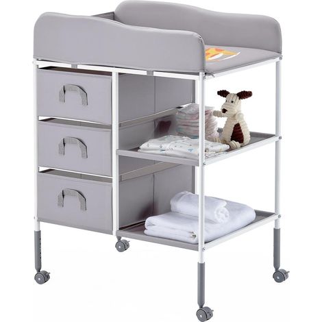 Pour Parents et Bébé, Déplacement Facile Table à Langer Mobile avec 3 Tiroirs en Tissu et Hauteur Réglable Gris (1/5)