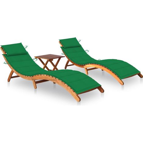 Chaises longues 2 pcs avec table et coussins Acacia solide 6 (1/5)