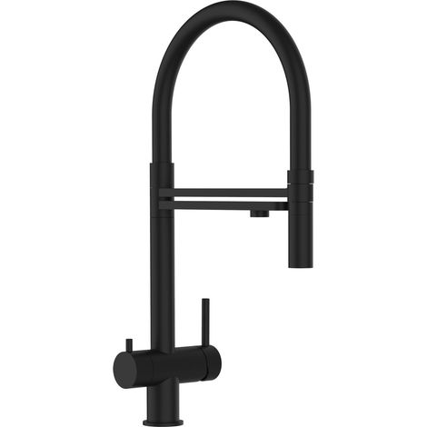 Rubinetto 3 VIE miscelatore lavello cucina in ACCIAIO INOX, canna girevole 360° e doccetta 2 getti movibile, PVD Nero Opaco (1/5)