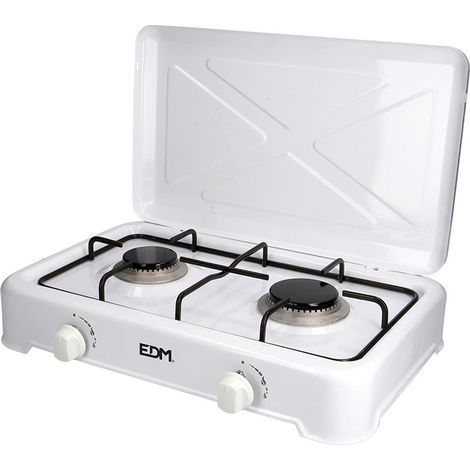 EDM – Cuisinière à gaz 2 feux émaillée – Portable et compacte – Pour camping et petits espaces – Acier émaillé, 46 x 30 x 12 cm (1/5)