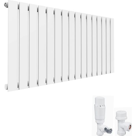 ELEGANT 600 x 1216 mm White Horizontal Column Designer Radiator Single Flat Panel Radiator Heater + White Thermostatic Radiator Valves (1/5)