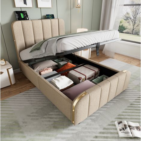 Lit simple capitonné 90x200 cm beige en lin, tête de lit USB/Type-C, coffre hydraulique et matelas inclus (1/5)