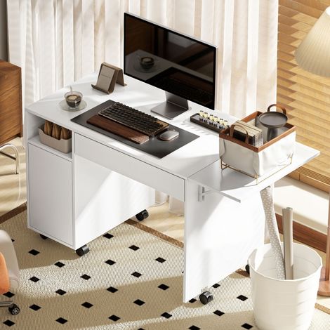 Bureau d'ordinateur sur roulettes, table informatique avec abattant, tiroir, placard et compartiment, 130 x 58 cm, blanc-Blanc (1/4)