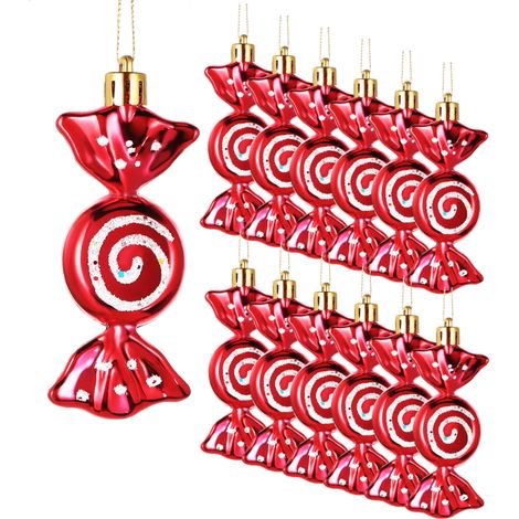 Adornos Navidad Plastico 3x10 Cm Brillantes Baston Caramelo Red Set 24 Para Arbol (1/5)