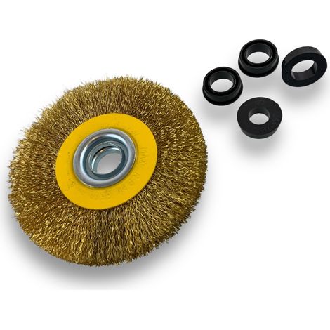Brosse circulaire LAITON Ø 125 mm Epaisseur 2 rangs Fil dur 0.30 mm ondulé Alésage 16 mm Touret meuleuse affûteuse ponceuse Brossage décapage polissage dérouillage Kibros 234127LT (1/5)