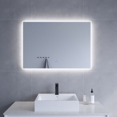 Badspiegel Wandspiegel mit LED Licht 100x70cm BORAS Typ B Touch Sensor Dimmbar Antibeschlag Kaltweiß 6400K AQUABATOS (1/5)
