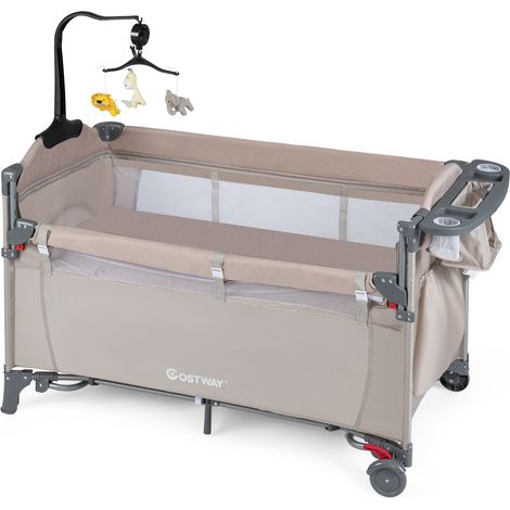 COSTWAY 5-in-1 Baby Bassinet Bedside Sleeper Portable Pack and Play-Khaki (1/5)