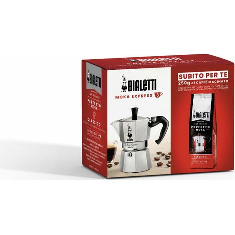 Cafetiere italienne + 1 Café Perfetto Moka Classico - BIALETTI - MOKA - 3 tasses - 0,30 L - Paquet de 250 g - Argent
