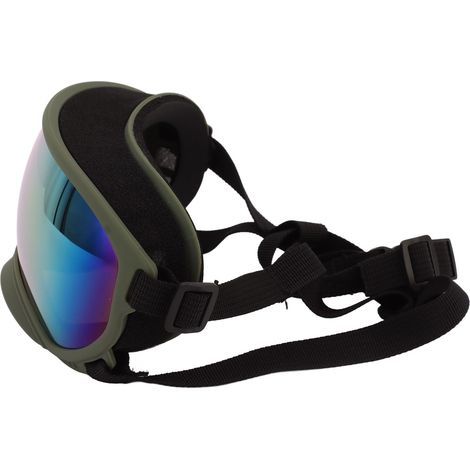 Hunde-Sonnenbrille, winddicht und mit UV-Schutz, aus PC/TPU, mit verstellbarem Riemen, Haustierbrille, geeignet zum Skifahren im Freien, olivgrüner Rahmen, rote Gläser. (1/4)