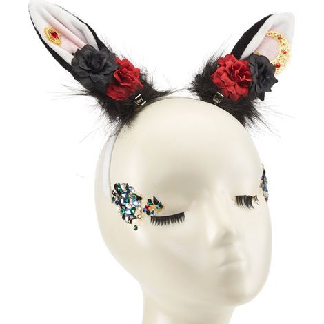 Gothic-Haarspange mit Plüschhasenohren, Gothic-Haarspange mit dunkler Strassblumenverzierung, Haarspange im Lolita-Stil mit dunklen Tierohren. (1/5)