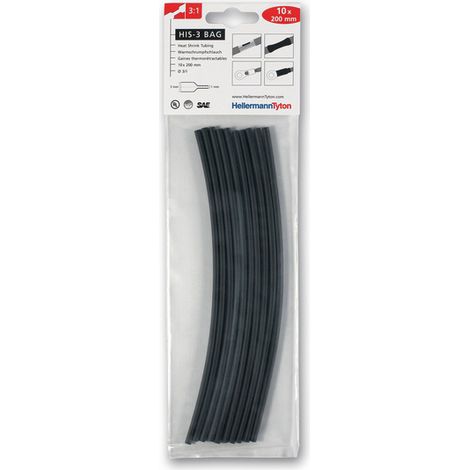 HellermannTyton Lot de 50 gaines thermorétractables noires HIS-3-BAG-3/1 200MM (5X10) (1/2)