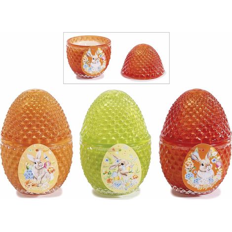 Candele profumate in barattolo di vetro lavorato a forma di uovo di Pasqua colorato con coperchio e tag, set da 6 pezzi, Ø 8 cm x 11,5 H