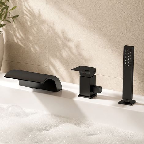 EVERSTEIN Mitigeur Baignoire Robinet 3 Trous Bec Cascade Douchette Noir Mat