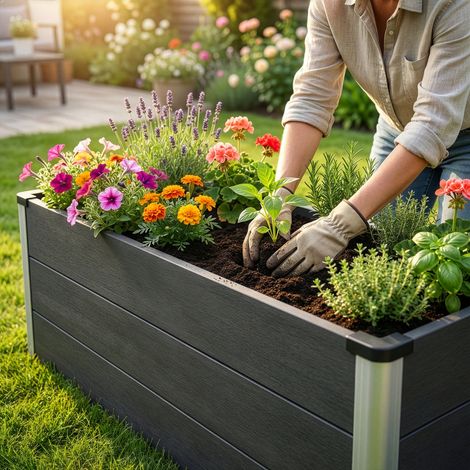 Floordirekt – Potager surélevé en WPC 150 x 50 x 45 cm – Résistant aux intempéries – Installation directe sur sol naturel – Couleur anthracite (1/5)