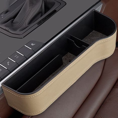 (Beige droit - PU) 2 pièces Organisateur de remplissage d'espace pour siège auto, porte-gobelets en cuir, boîte de rangement latérale pour console centrale avec porte-gobelets, poches de couture de si (1/5)