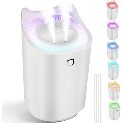 USB-Luftbefeuchter fürs Schlafzimmer, 3 Liter, mit 7-farbiger LED-Beleuchtung und 2 Sprühdüsen, bis zu 24–48 Stunden Dauerbetrieb für Zuhause, Yoga und Büro