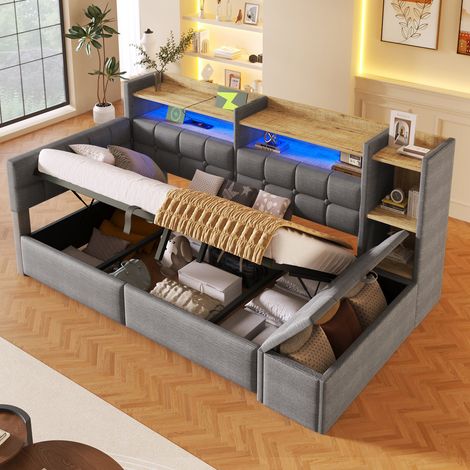 Canapé-lit 1 personne 90x200 cm avec ports USB et Type-C, LED, lit coffre avec hydraulique, banquette de rangement, gris foncé