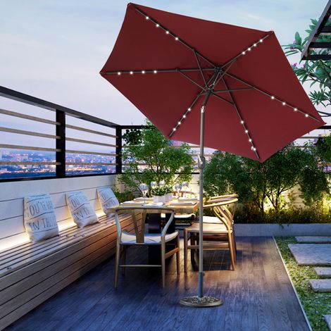 2.5m LED Outdoor Garden Parasol Patio Sun Shade Round Umbrella with Base Wine Red (1/5)