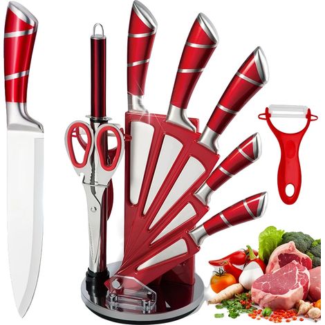 Juego de cuchillos de cocina, acero inoxidable de alto carbono, diseño ergonómico, rojo. (1/2)