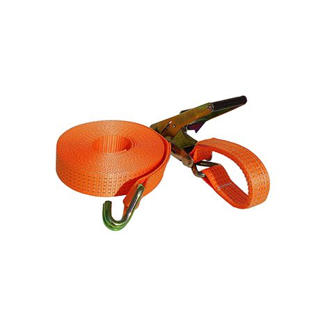 Cinghia a cricchetto capacità 5 tonnellate, composta da: 1 cinghia in 2 parti, 1 cricchetto, 2 ganci in acciaio a forma di J - Dimensioni: 50 m