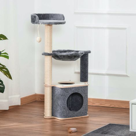 Rascador para gatos de 95 cm de altura, gimnasio multinivel para gatos con casita, hamaca, pelota de juego, caseta y cuerdas de sisal, 48x34x95cm, gris. (1/5)