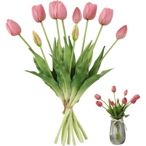 Lot de 2 tulipes artificielles de 40 cm, effet « Real Touch », 5 fleurs en soie, idéales pour la décoration de mariage, les vases et la décoration intérieure.-AquaForge (1/5)