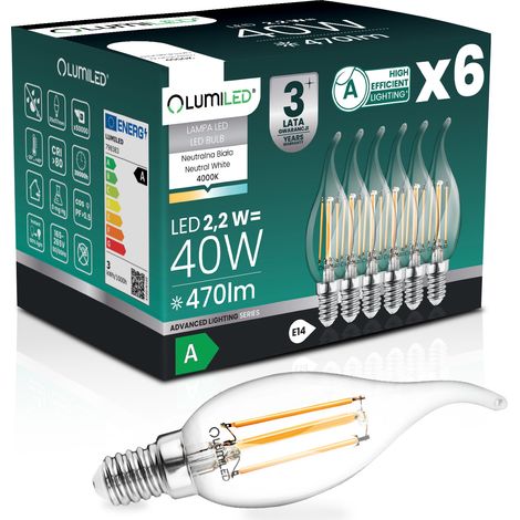 6x LED-Lampe E14 Kerze BA35 2,2 W 470 lm = 40 W 4000 K Neutralweiß 360° Glühfaden Klasse A LUMILED