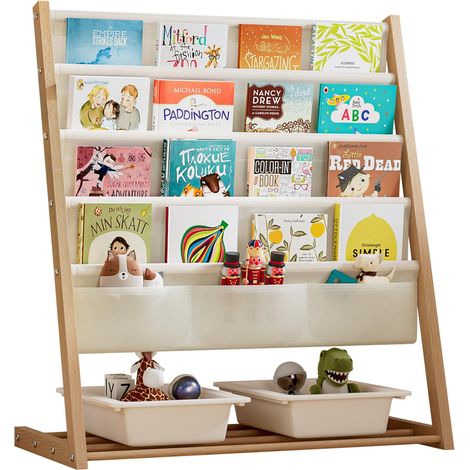 Étagère pour chambre d'enfant, avec 4 étagères suspendues et 3 boîtes à jouets, étagère pour jouets et livres, rangement de chambre d'enfant, avec espace de rangement, beige (1/5)