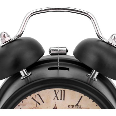 Mini réveil numérique en métal silencieux avec lumière et clochette scintillante, idéal pour une chambre d'étudiant (noir). (1/5)