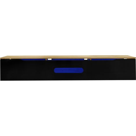 Meuble TV noir et bois 180 cm avec LED 16 couleurs, montage mural ou sol (1/5)