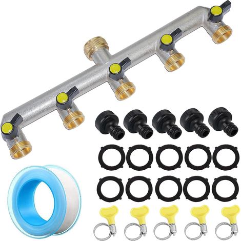 5 Voies Raccord de Tuyau D'arrosage, Adaptateur Tuyau Arrosage en Laiton de 3/4" - Hose Splitter Valves plomberie pour l'irrigation du Jardin, Robinet Extérieur et Minuteries d'Arrosage (1/5)
