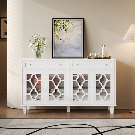 Credenza da salotto con 4 ante a specchio e 2 cassetti – 140x40x83 cm - Ripiani regolabili, eleganti maniglie in cristallo - MDF bianco (1/5)