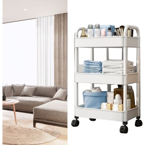 Chariot roulant blanc à 3 niveaux, roues silencieuses, plastique robuste, chariot utilitaire simple et polyvalent pour la maison, le bureau et les dortoirs. (1/5)