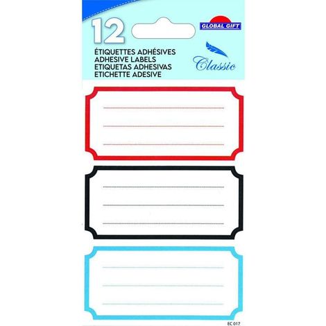 12 étiquettes adhésives scolaires - Rectangle vintage 3 couleurs