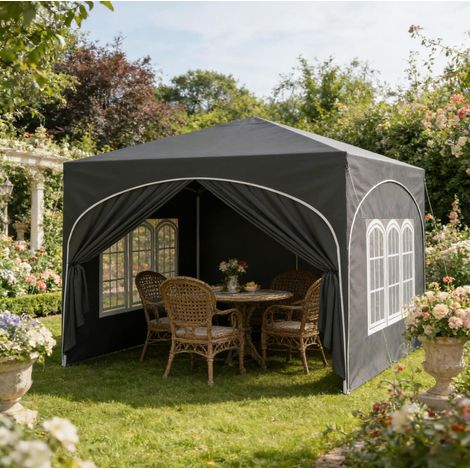 Cenador plegable de 3x3 m con 4 laterales desmontables, altura regulable, protección impermeable UV50+, color gris. (1/4)