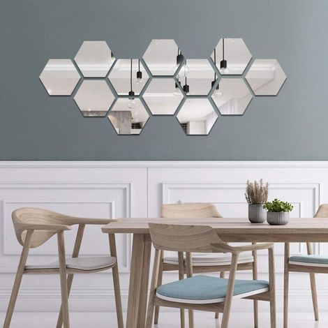 12 Pièces Miroir Acrylique Adhésif Autocollant Mural Miroirs Muraux Stickers Salon Chambre Décor 17.7 cm x 15.3 cm (Hexagone, Argent) (1/4)