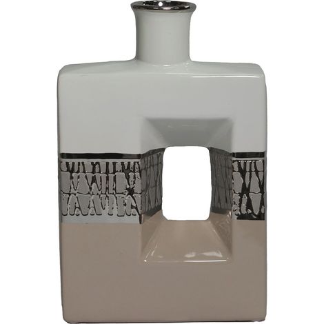 Vase de Table en céramique Blanc, argenté et Beige 7 x 18 x 28 cm