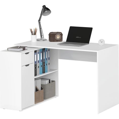 Höhenverstellbarer Schreibtisch mit Stauraum, 2 Regalböden, Schublade und offenen Fächern, aus weißem Holz.