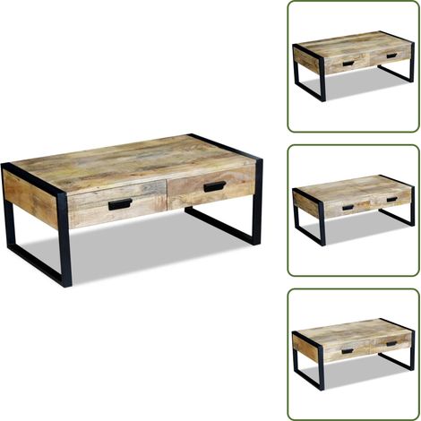 Couchtisch mit 2 Schubladen Massivholz Mango 100x60x40 cm - Vintage Couchtisch - Holzmöbel - Mangoholz Couchtisch - Industriel Style - Wohnzimmerstil (1/5)