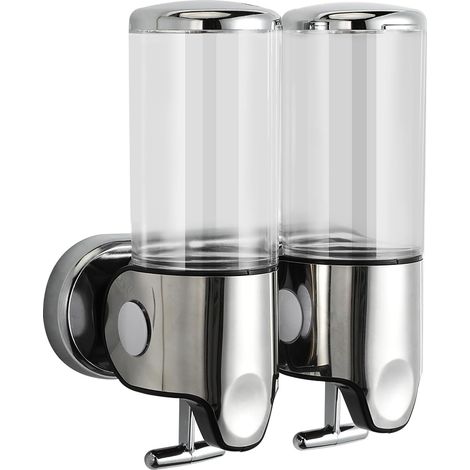 Distributeur de savon mural transparent (2 x 500 ml), double distributeur pour savon liquide, gel douche, shampoing, idéal pour la cuisine, la salle de bain et les hôtels. (1/5)
