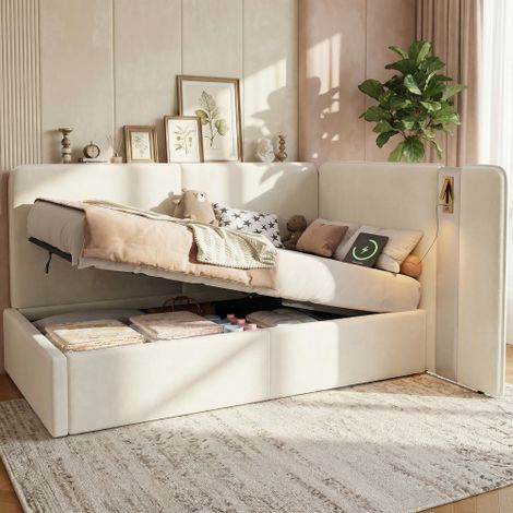 L-Shaped Sofa Bed with Storage,3ft Single 90x190cm,Hydraulic Design,USB Charging Port,Reading Light,Velvet Beige