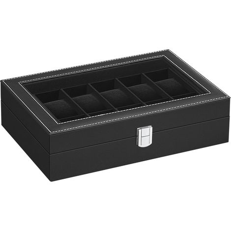 Boîte à Montres à 12 Emplacements, Coffret à Montres, Écrin, avec Couvercle en Verre, Coussinets Amovibles, Serrure en Métal, Revêtement en Noir et Doublure en Noir (1/5)