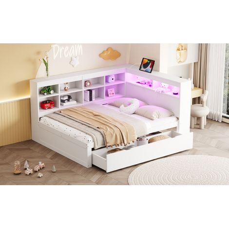 Lit en bois massif 140x200cm, blanc, avec tiroirs extra-larges, prises USB, bande LED, étagères et compartiments de rangement, lit double multifonctionnel à grand espace de stockage. (1/5)