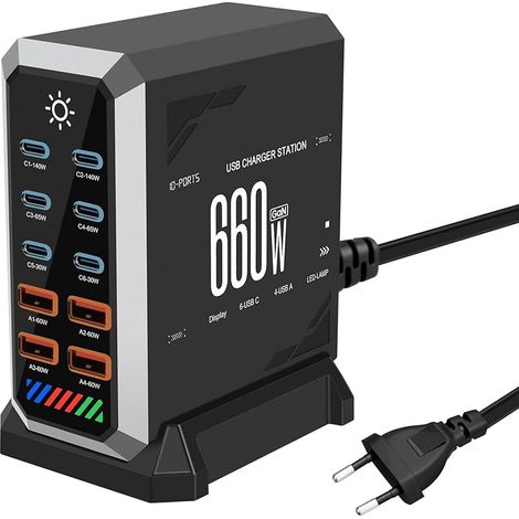 660W Station de Charge - Chargeur Rapide à 10 Ports avec 6 Ports USB C + 4 Ports USB A, Caricatore USB Multiplo Compatible avec MacBook, iPad, iPhone séries 16/15/14, Galaxy S22/ S20, Dell, HP (1/5)
